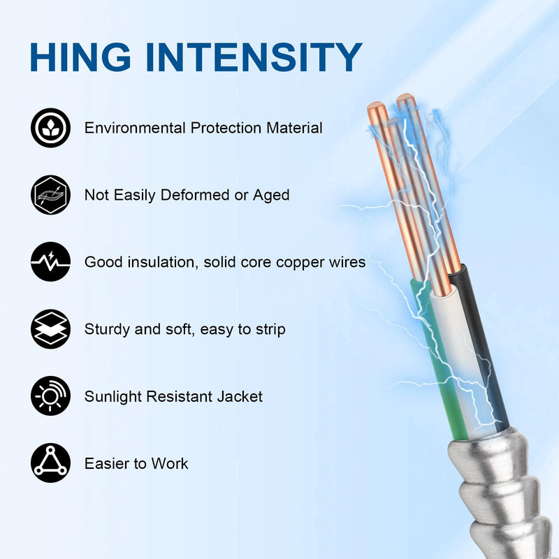 10/2 MC Cable with Ground - 10FT Pure Copper 10AWG/2 Metal Clad Wire with Aluminum Armor 10 Gauge 2 Conductor Type MC Alum Cable
