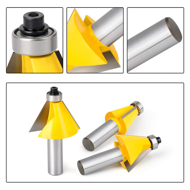 3Pcs Chamfer Router Bit Set, 1/2-Inch Shank Round Nose, Cutting Angle: 15, 22.5, 30 Degree, 1 Inch Cutting Length 1/2" Shank