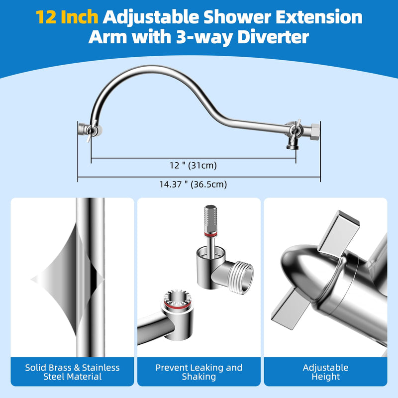 Hibbent All Metal 12 Inch Brass Adjustable Shower Head Extension Arm with Shower Arm Diverter Valve, G 1/2 3-Way Bathroom Universal Shower System Replacement Part, Shower Arm Extender, Chrome