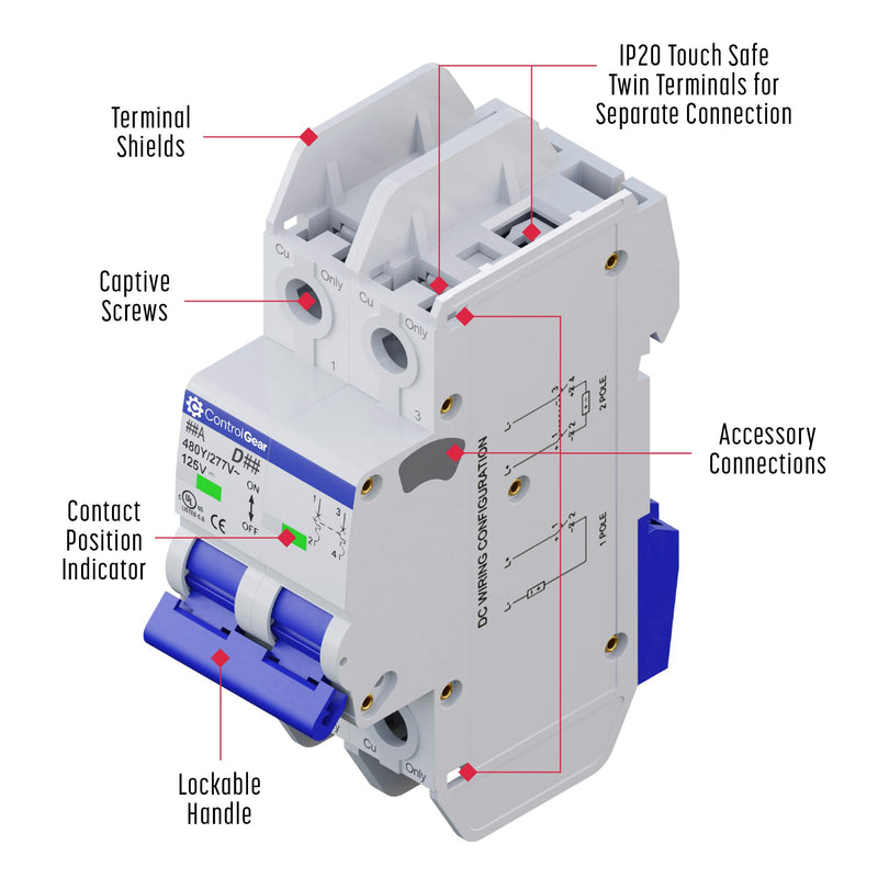 Mini Circuit Breaker UL489 Listed 10A D Curve 480Y/277VAC 125VDC 10kAIC DIN Rail Mount Non Polarized MCB Branch Circuit Protection, ControlGear CGMB2D10 (2 Pole D Trip 10 Amp) 2Pole "D"trip 10 Amps
