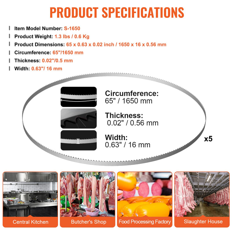 VEVOR Band Saw Blade, 65x0.6x0.02 inch, 5 PCS/Pack Meat Bandsaw Blades for Replacement, 65Mn Carbon Steel Blade, 3 TPI Meat Cutting Blade Wrapped by Rust-Proof Paper, for Commercial Bone Saw Machines 65"