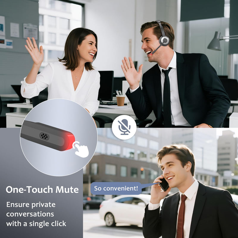 Wireless Headset with Microphone, AI Noise Cancelling Headset for Office | V6.0 Bluetooth Headset with Mute & Charging Base, Computer Headphones 36H Work, Call Center/PC/Phone/Laptop/Teams Black Silver