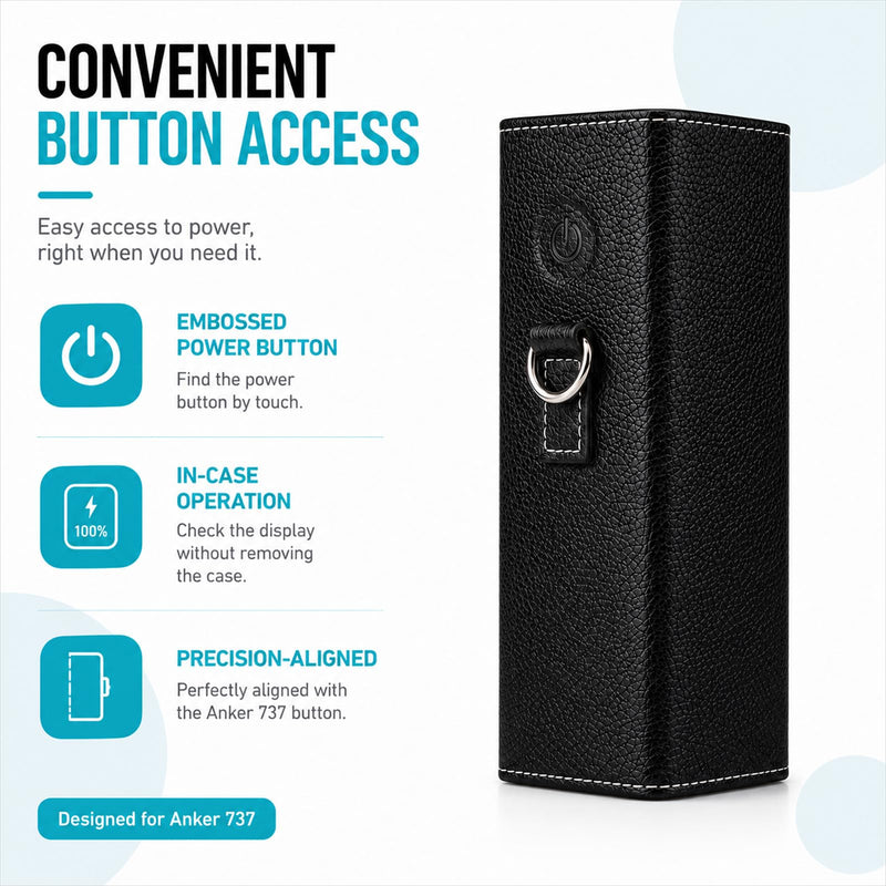 PU Leather Protective Case for Anker 737 Power Bank (PowerCore 24K), Black | Compact and lightweight, with display & port access, ventilation cutouts, dual snaps, for storage & travel