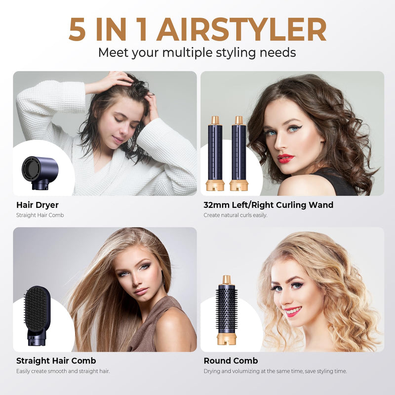  [AUSTRALIA] - Mogawave 5 in 1 Hair Styler Pro,1000w Air Styler | 60000RPM Hair Dryer Brush, Left&Right Hair Curler,3 Wind Speed and Temperature, Multi-Styler for Drying Curling Blue