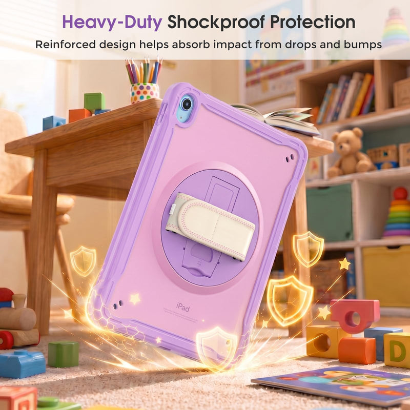 ProCase Kids Case for iPad A16 11th Gen 11" 2025/iPad 10th Gen 10.9" 2022 with Screen Protector, Fully-Body Shockproof Rugged Protective Cover with Rotatale Stand Hand/Shoulder Strap -Purplepink Purplepink