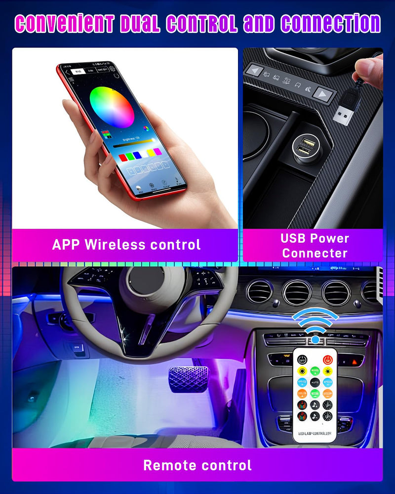 StoneBanks Car Strip Lights Interior, LED RGB USB C Under Dash Lighting, 12V Footwell Neon Internal Lights Kit, Smart APP Control and Remote Dual Control, Multicolor Music Mode and DIY Mode 48 LEDs