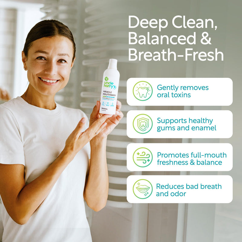 Uncle Harry's Natural Alkalizing Miracle Mouthwash | Adult & Kids Mouthwash for Bad Breath | pH Balanced Oral Care Mouth Wash & Mouth Rinse (16 fl oz) 16 Fl Oz