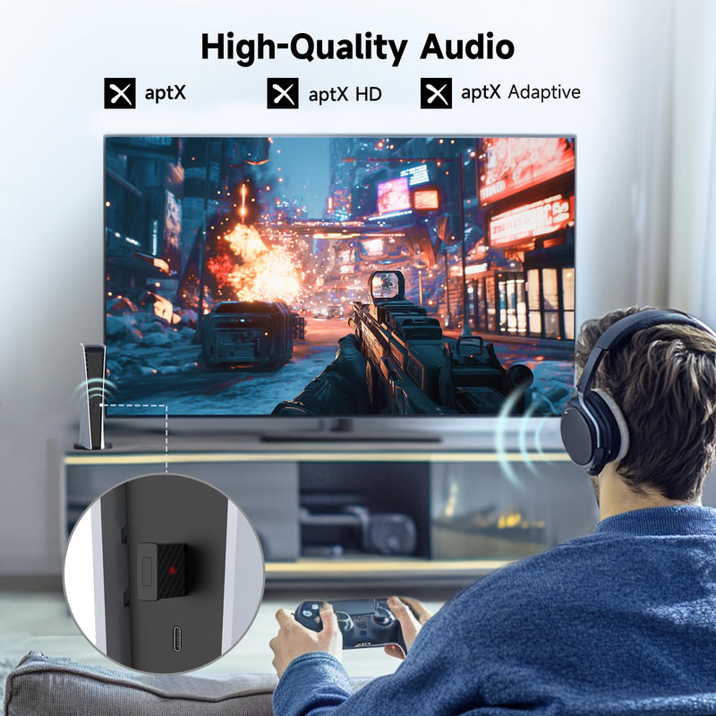 USB Bluetooth Adapter for PS5 - USB-C Wireless Audio Bluetooth 5.3 Transmitter with APTX Low Latency & aptX-Adaptive, Plug & Play for Headphone/Earbuds/PS4/Switch/Laptop/PC Black