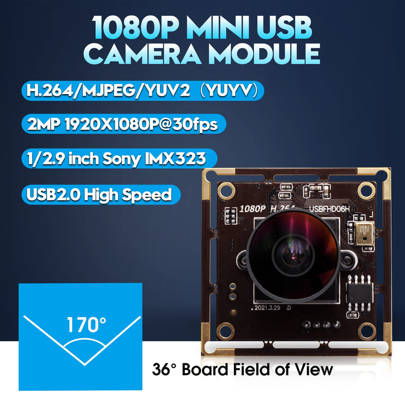 1080P USB Camera Module for Video Conferencing, 2MP IMX323 with 170 Degree Fisheye Lens, H.264 Format and Low Light Performance for Computer, Linux, Android, Jetson Nano