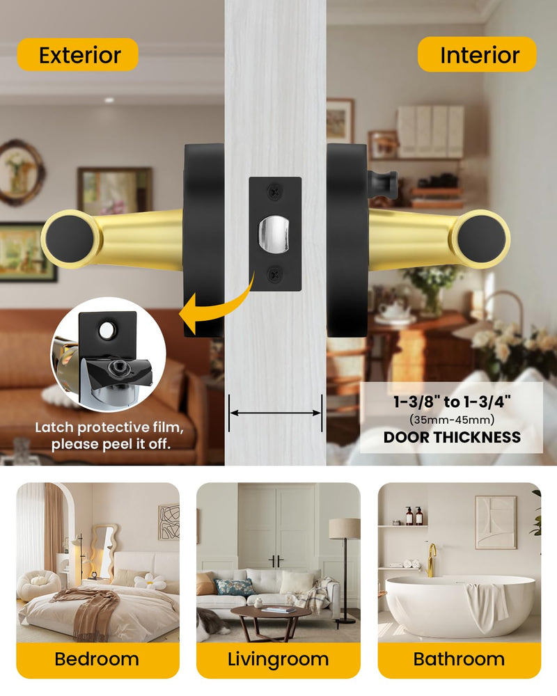 Goldenwarm 1 Pack Black and Gold Interior Door Handle, Privacy Lever Door Handle, Matte Black Interior Door Lever Pack, Black and Gold Door Handles Interior for Bedroom, Bathroom