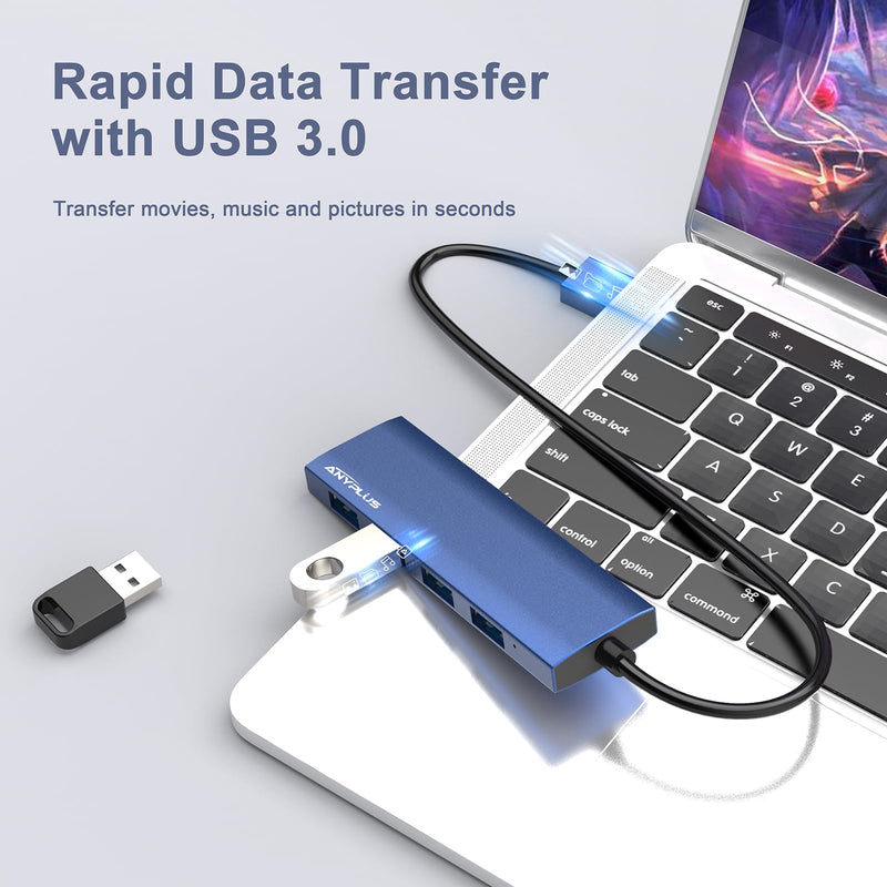 USB Hub, USB 3.0 Hub Aluminum Alloy Ultra Slim USB Splitter, Portable 4 Port USB Extender, USB Hub for Laptop, PC, MacBook, iMac, Surface Pro, Mac Pro, Flash Drive, XPS 【Blue】 0.8 Ft/0.25M Blue-Aluminum Alloy