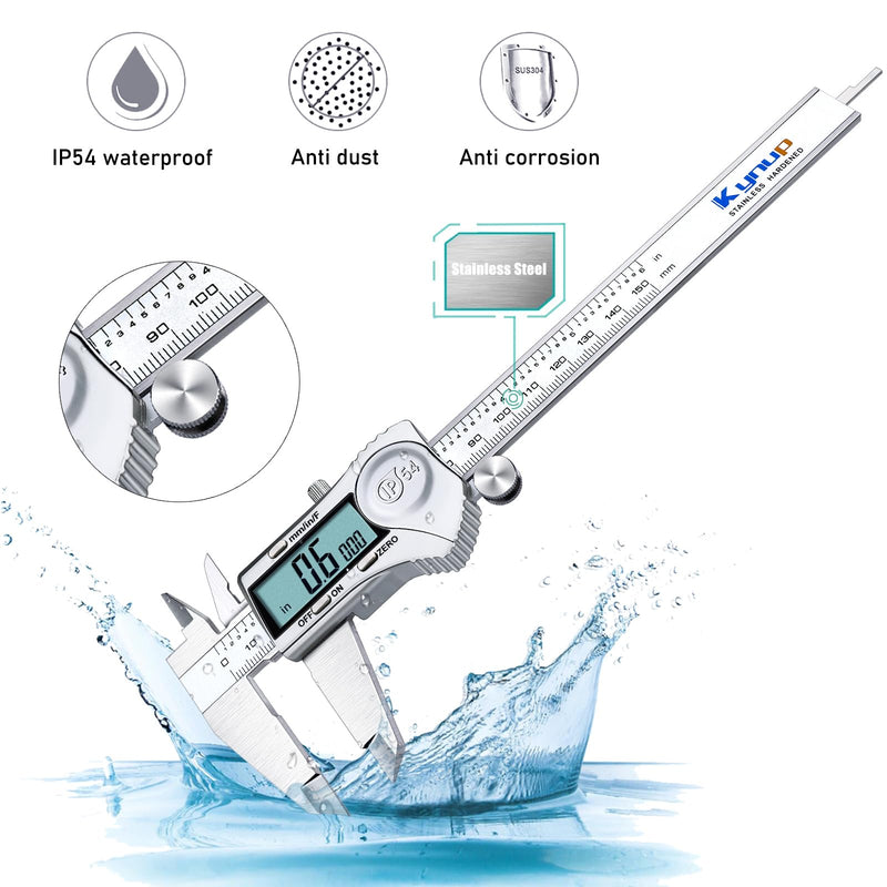 Kynup Digital Caliper, Caliper Measuring Tool Outside Micrometer, Vernier Dial Caliper, 6 Inch Caliper DIY Tool, Stainless Steel, IP54 Splash Proof, Inch Metric Fraction Switch, Large LCD Screen Silver 150mm
