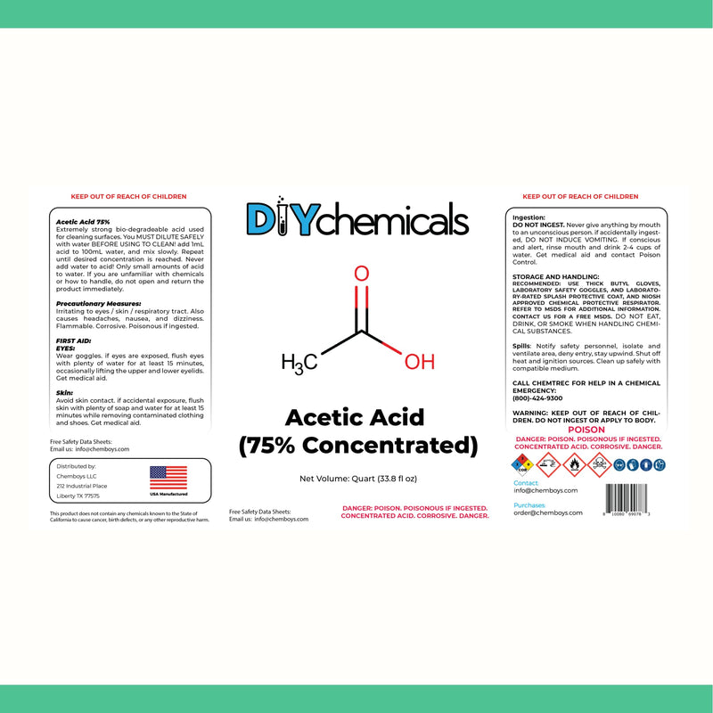 Industrial-Grade 75% Concentration Acetic Acid by DIY Chemicals – Multipurpose Concentrated Vinegar for Rust Removal, Cleaning – Made in USA, Quart(33.8 fl oz) Acetic Acid 75% - 1 Quart