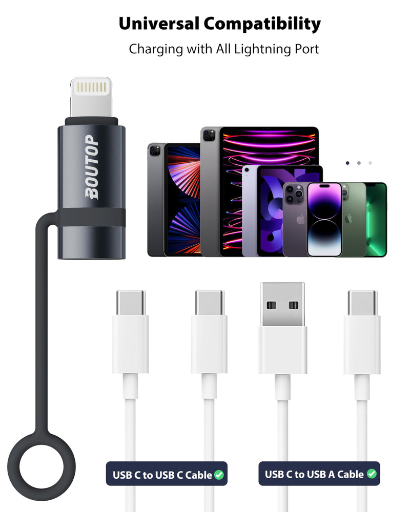 BOUTOP [MFi Certified] 36W USB C to Lightning Adapter (2 Pack) - Support PD Fast Charging/Data Sync, with Anti-Lost Silicone Holder for iPhone iPad AirPods, Reduces Cable Clutter