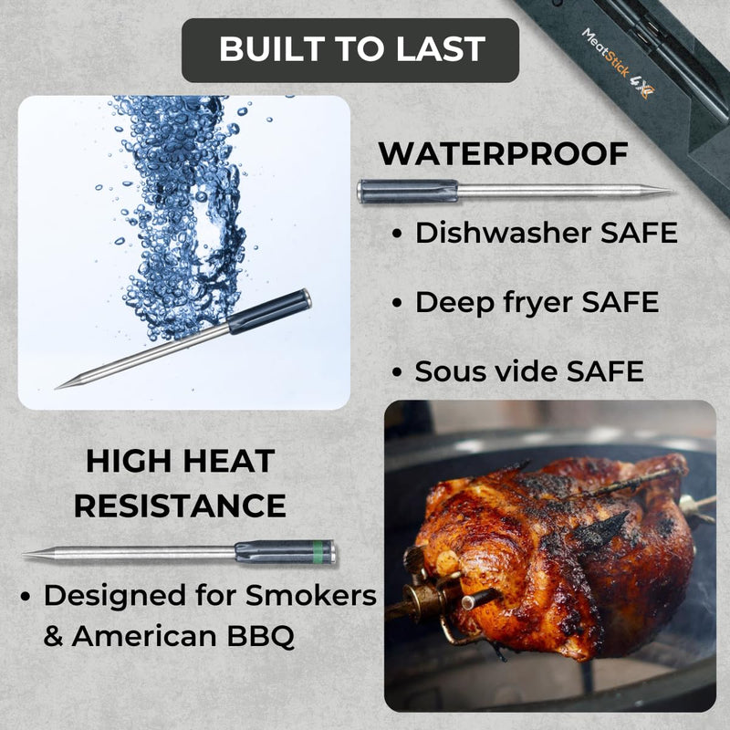 MeatStick 4X Wireless Meat Thermometer for Grilling and Smoking, Bluetooth Temperature Probe with 4 Sensors, 650ft+ Range for BBQ, Smoker, Oven MeatStick 4X Set (650ft+ Range)
