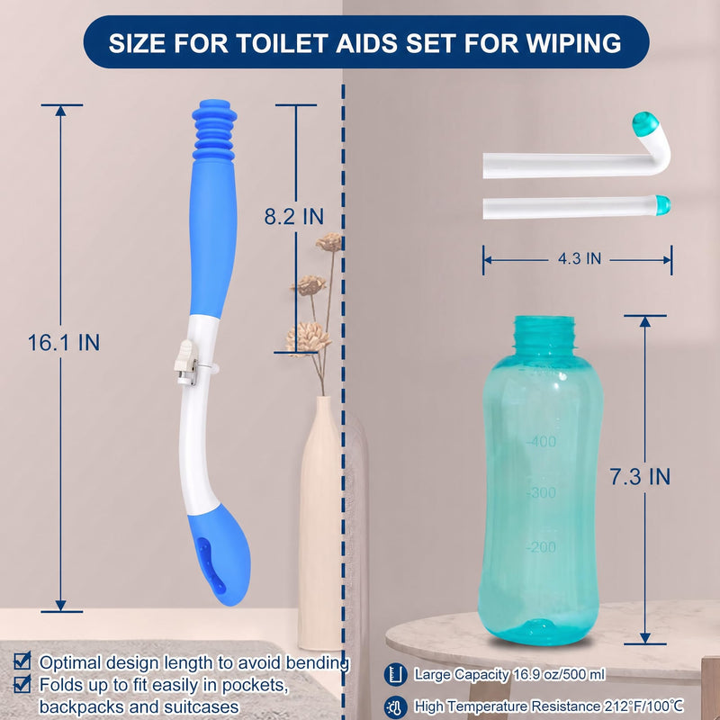 Foldable Toilet Aids Set for Wiping – 2PCS Personal Hygiene Kit with Collapsible Butt Wiper Tool & Dual-Nozzle Peri Bottle , Wiping Aid for Post-Surgery Recovery, Elderly and Travel Use (Blue, Ultra) Blue
