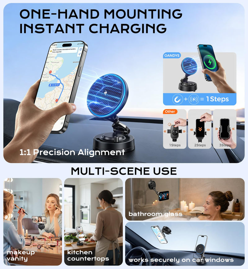 Upgraded 15W Magnetic Car Charger, Dashboard Phone Holders for iPhone 12-17 | 3200gf Magnetic Wireless Charger Faster Charging, 82LBS Suction Cup Dashboard Phone Holder, 360° Rotatable Magnetic Stand Blacka1