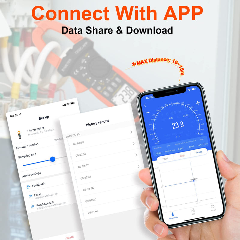 BTMETER Digital Clamp Meter Multimeter, Auto Range 4000 TRMS AC DC Voltmeter Ammeter Test Volt Amp Ohm Capacitance Frequency w/Data Export, Mini Multi Tester BT-7200CAPP 400A AC/4000uA DC Current + Bluetooth