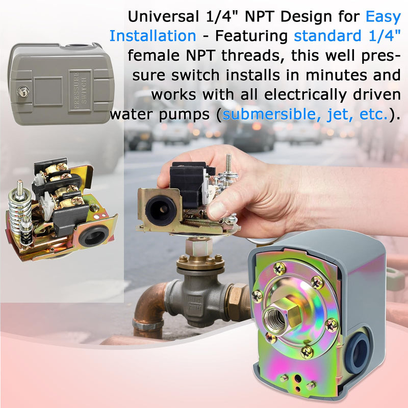 Well Pump Pressure Switch 40-60 PSI, Adjustable Differential, 1/4" NPT, Compatible with Square D 9013FSG2/Pumptrol, Low Pressure Cut-Off, Automatic Water Pump Switch - 2 Pcs