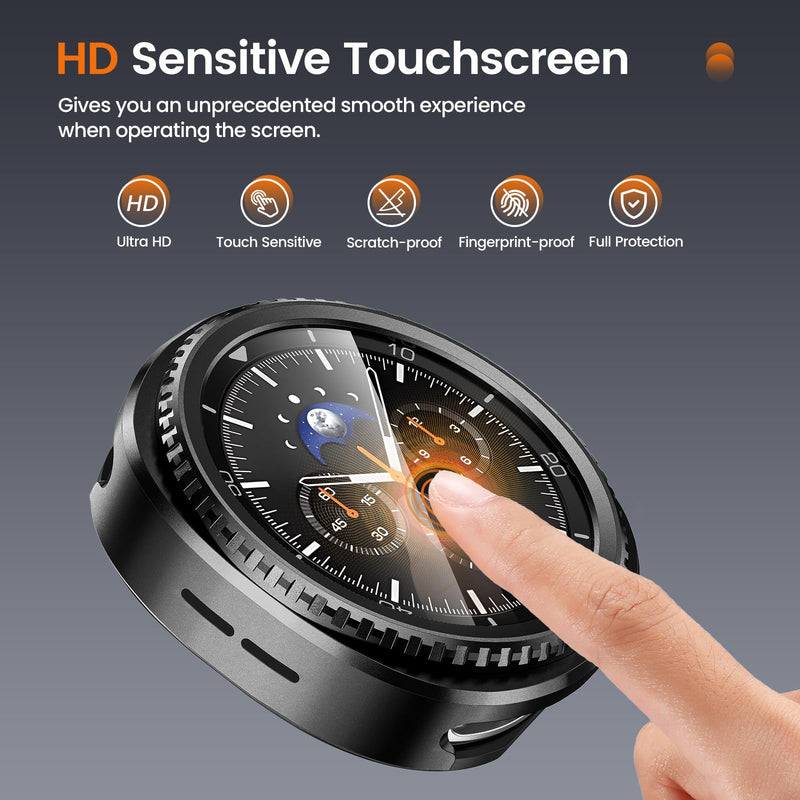 LETOID Metal Case for Samsung Galaxy Watch 8 Classic Screen Protector 46mm | 3-in-1 Full Protective Accessories, Stainless Steel Bumper Face, Hard PC Back Cover and 9H Tempered Glass Film Black Galaxy Watch 8 Classic - 46mm