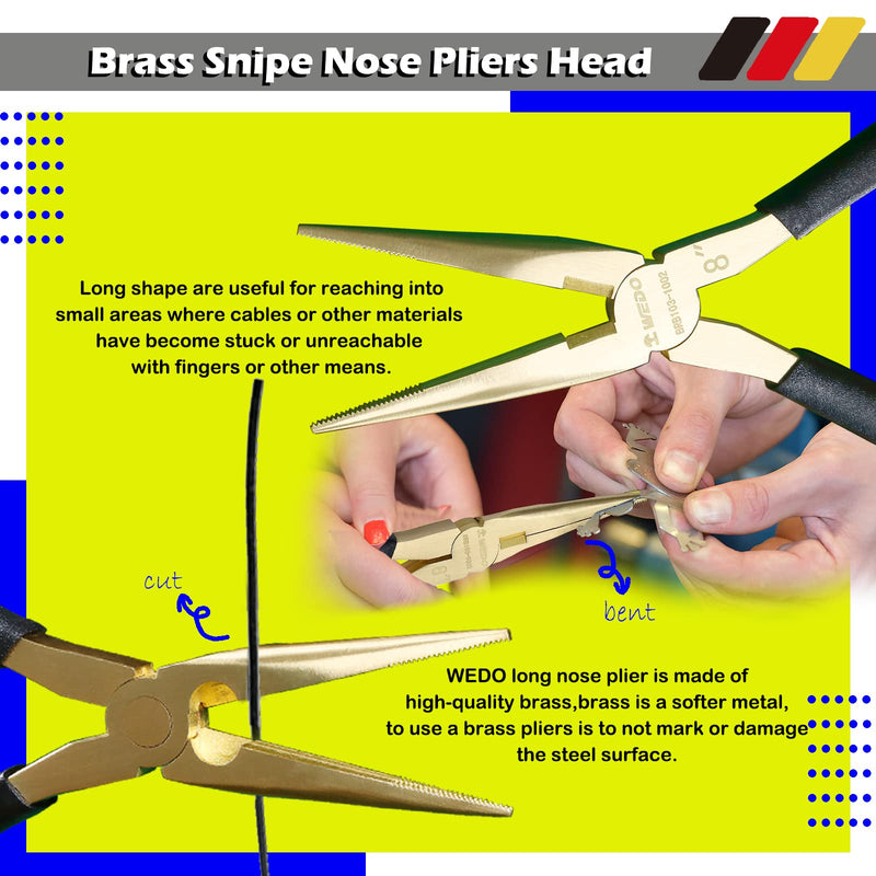 WEDO Brass Long Nose Pliers 8", with Non-Slip Handle, Snipe Nose Pliers, Length 200mm