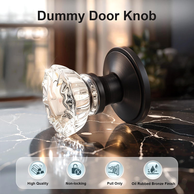 KNOBWELL Glass Door Knobs in Oil Rubbed Bronze Finish, Individual Dummy Crystal Door Knobs for Interior Door, Keyless Non-Turning Interior Door Knob, 1 Pack