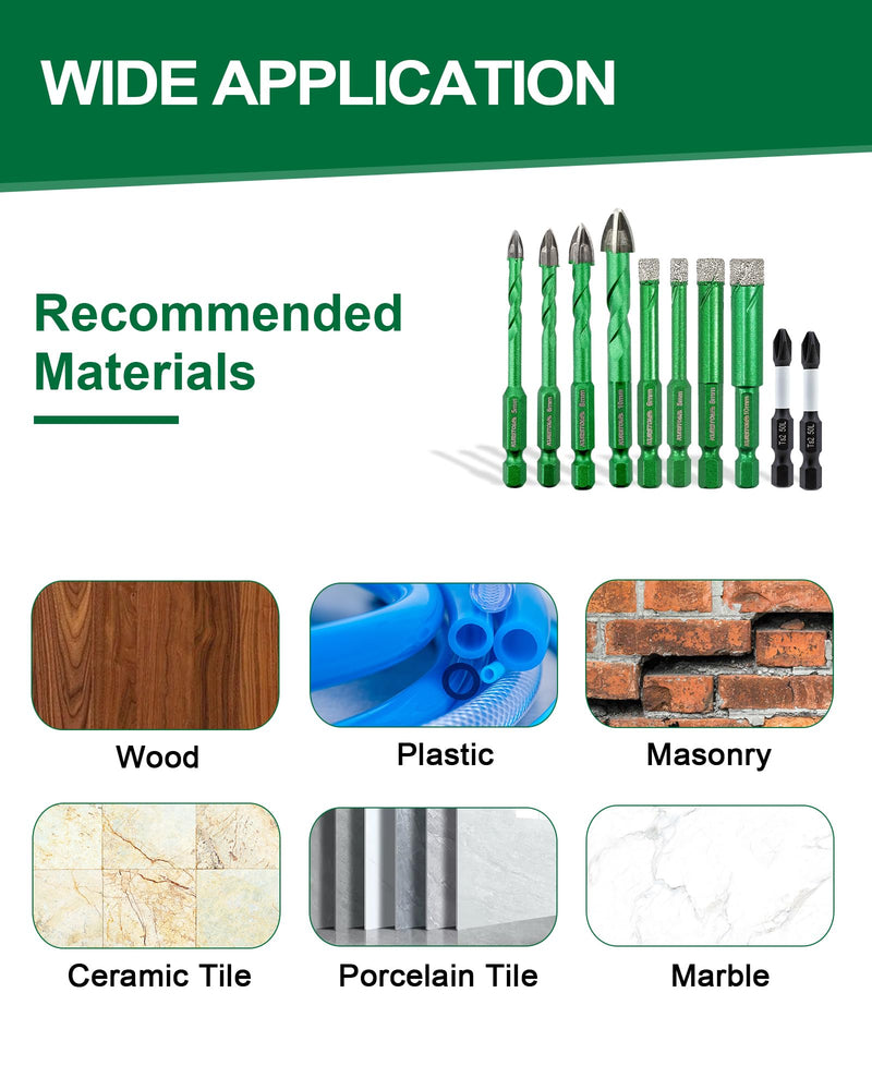 Diamond Drill Bits Set 12pcs, 3/16" - 3/8" Tile Drill Bit with PH2 Screwdriver Bit for Porcelain Tile Ceramic Stone Granite Marble, Quick-fit Hex Shank 5/6/6/8/10mm+5/6/6/8/10mm+Screwdriver 12