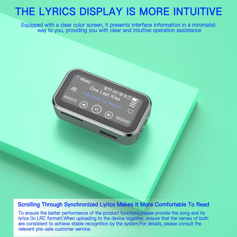 MP3 Player with Bluetooth, Portable Digital Lossless 8GB Music Player with Built-in Speaker, 1.47 in Full Touch Screen, Digital Voice Recorder, FM Radio, Mini Back Clip Design Free Wired Headphones Silver