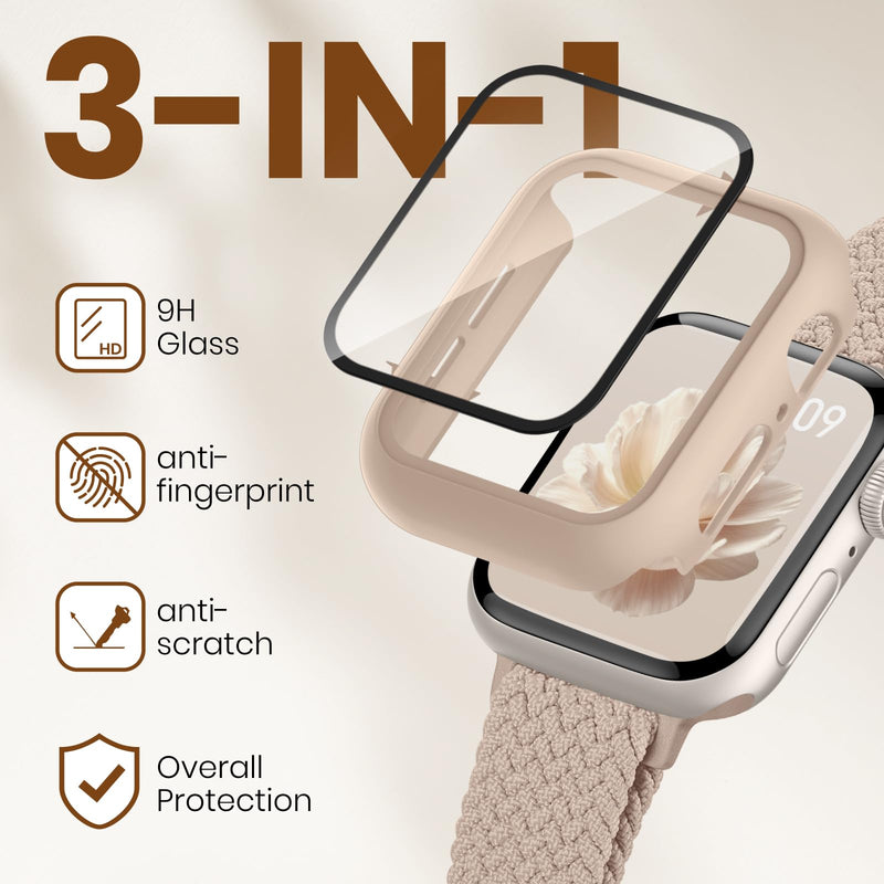 Knossen Slim Band and Case Compatible with Apple Watch Bands for Women 40mm | 3-in-1 Thin Magnetic Stretchy Strap and Screen Protector Cover, for iWatch Series 4-11/SE/SE2/SE3 42mm 41mm 44mm 45mm 46mm Milk Tea 40mm(series SE 6 5 4)
