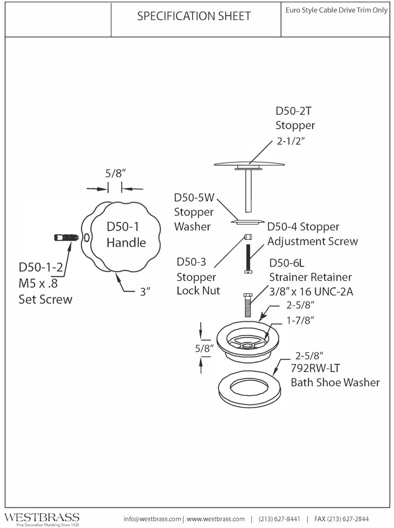 Westbrass D50TE-07 Standard 1-1/2" Replacement Trim for Cable Drive Bath Drain Waste & Overflow Assemblies, Satin Nickel 1-Pack
