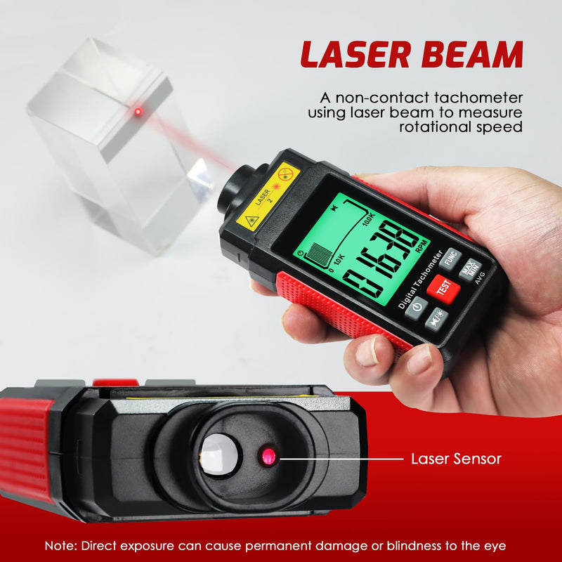  [AUSTRALIA] - Digital RPM Tachometer, Non Contact RPM Meter 10-99999 RPM High Accuracy Laser Tachometer Gauge with Reflection Tape, LCD Backlight, Data Hold & Max/Min/AVG Functions