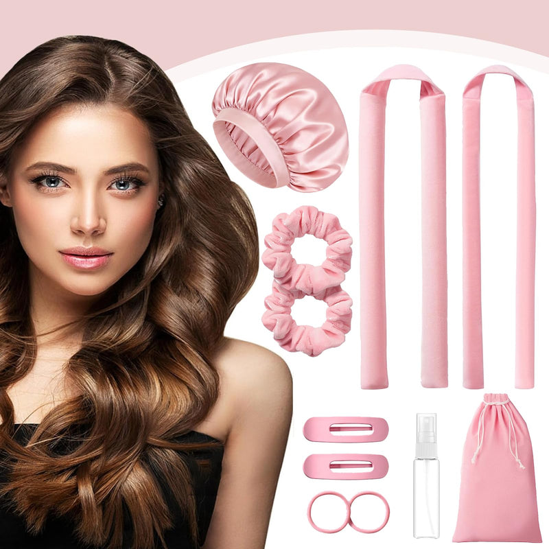 Heatless Hair Curler Overnight 11Pcs Set, 2 Sizes of Hair Rollers for Women with Bonnet to Sleep In, No Heat Curlers with Scrunchies and Clips, for Long and Medium Hair (pink) pink
