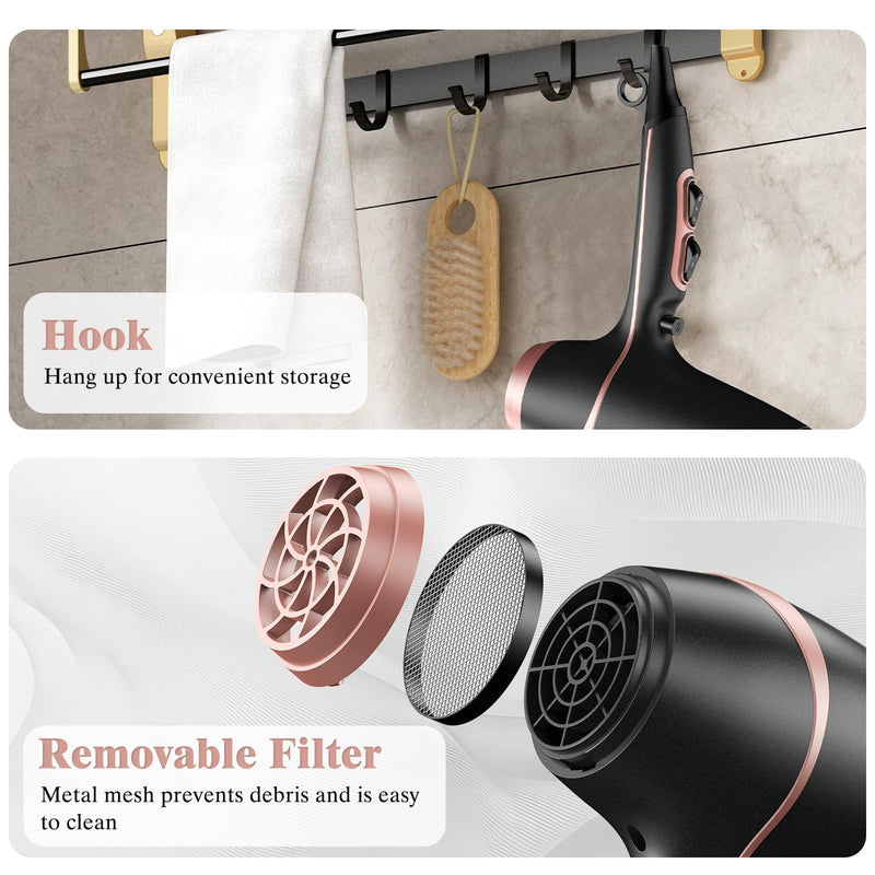 YASHE Professional Hair Dryer, 2 Speeds & 3 Heat Settings, Cool Shot, 2000W Blow Dryer with Precision Concentrator Nozzle, 1.8m Cord & Hanging Hook, Matte Black & Rose Gold