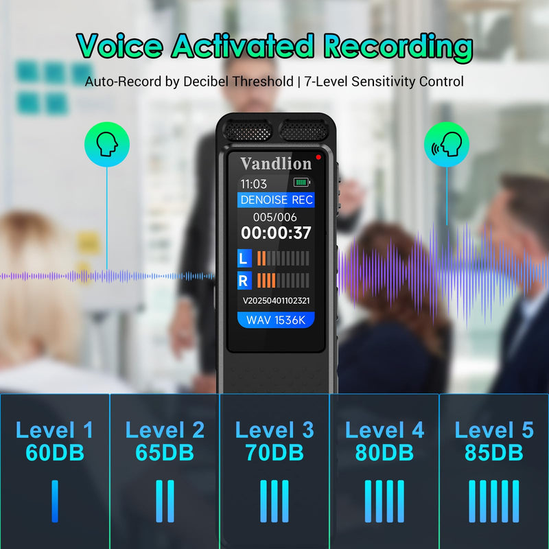Voice Recorder with Playback, Vandlion HD Clear Digital Recording Device | 100Hrs Battery, AI Noise Reduction, One Touch Recording, Compact, Voice Activated, Password, Lecture Meeting Interview Class 16.0 GB