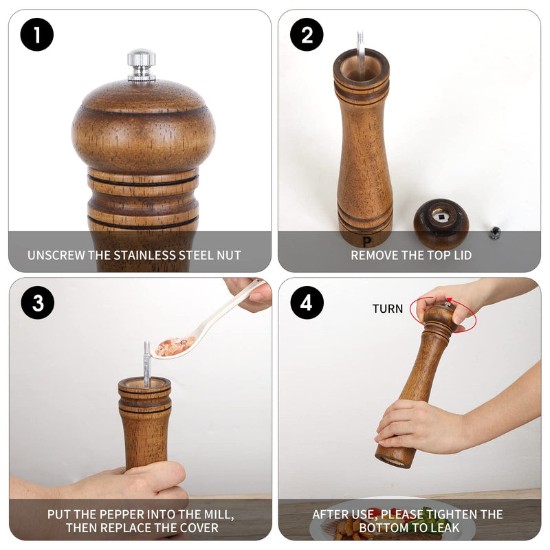 Pack of 2 Wood Pepper Grinder Set, 10 Inch Salt Mill And Pepper Grinder Set, Pepper Mill, Salt Shakers with Adjustable Ceramic Rotor - Oak Wood Pepper Grinder And Salt Mill for Your Kitchen 10 Inches - 2 Pack