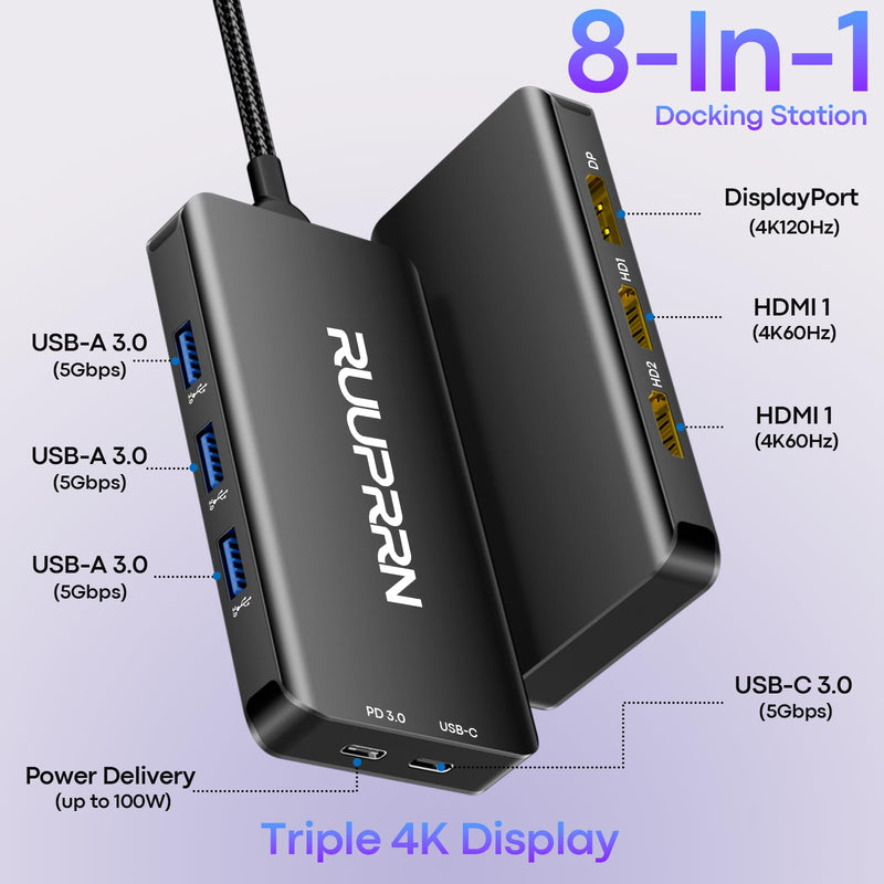 USB C Docking Station Dual Monitor, Laptop Docking Station 3 Monitors | Triple 4K Display with 2 HDMI, DisplayPort, 5Gbps USBA/C 3.0, 100W PD, USB 3.0 Dock Dongle for Dell, HP,MacBook, Surface