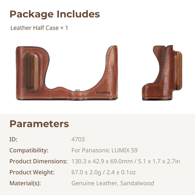 SMALLRIG Half Leather Case for Panasonic LUMIX S9 - Vintage Style Camera Case with Aluminum Frame and Wooden Grip - 1/4"-20 Threaded Hole