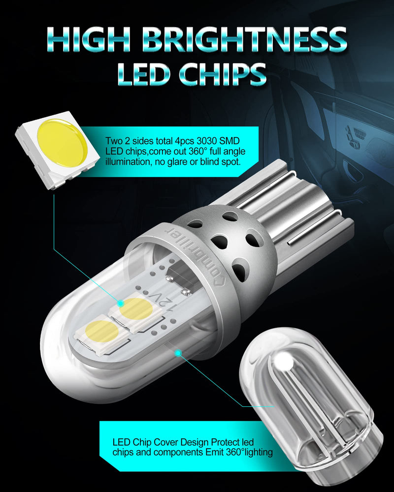 Combriller 194 LED Bulb White 6000K Super Bright 168 2825 W5W T10 LED Bulbs with Protective Cover and Hollow Design Led Replacement Bulbs for Dome Map Door Courtesy Trunk Parking Lights, Pack of 2