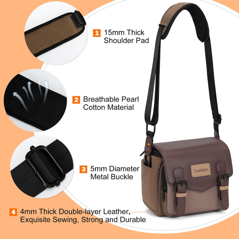 Cwatcun Compact Camera Sling Bag, Small Crossbody Case with Tripod Holder | Camera Messenger Bag, Photography Bag for Canon, Nikon, Sony, Fuji DSLR/SLR/Mirrorless, Lens.Fits 1DSLR+1lens Brown S
