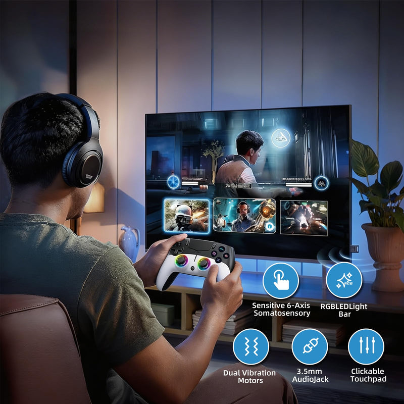 Geemaker Wireless Game Controller Compatible with PS5, PC, iOS, Mac, Android, Steam Deck, Dual Vibration Motor, 6-Axis Motion Control, Turbo Function, 3.5mm Audio Jack, Esports Grade Performance,Black & White
