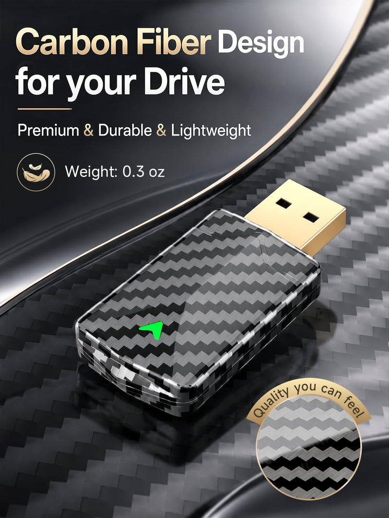Carbon Fiber Wireless Android Auto & CarPlay Adapter, Wired to Wireless | Auto Reconnect, Fast Stable on Rough Roads, Gold-Plated USB, Mini Design, Easy to Use, Plug & Play with OEM Wired Cars 2016+ Carbon