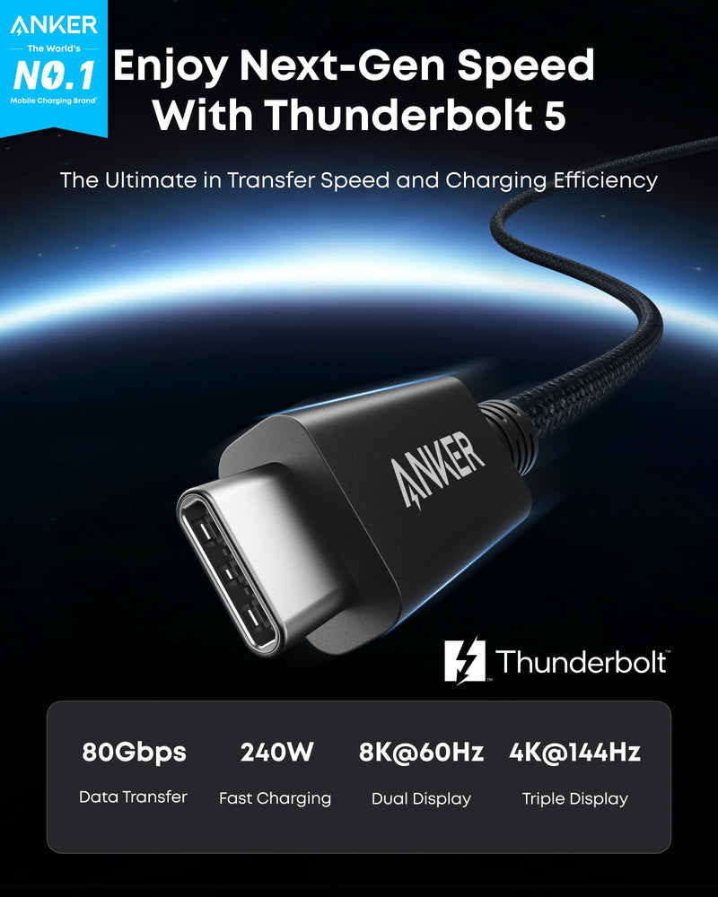 Anker Prime Thunderbolt 5 Cable, 3.3 FT USB C to USB C Cable, 240W Charging, 80Gbps Data Transfer, Up to 120Gbps Bandwidth, 8K/4K Displays, for iPhone 16, MacBook, and More (Thunderbolt 5-Certified) 3.3FT