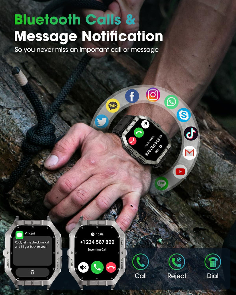 Military Smart Watch Built-in GPS,Bluetooth Calling, for iPhone & Android | 100+ Sport Modes for Men Fitness watch, Smartwatch with Heart Rate & Sleep Tracking, 2ATM Waterproof , Black 2.02"