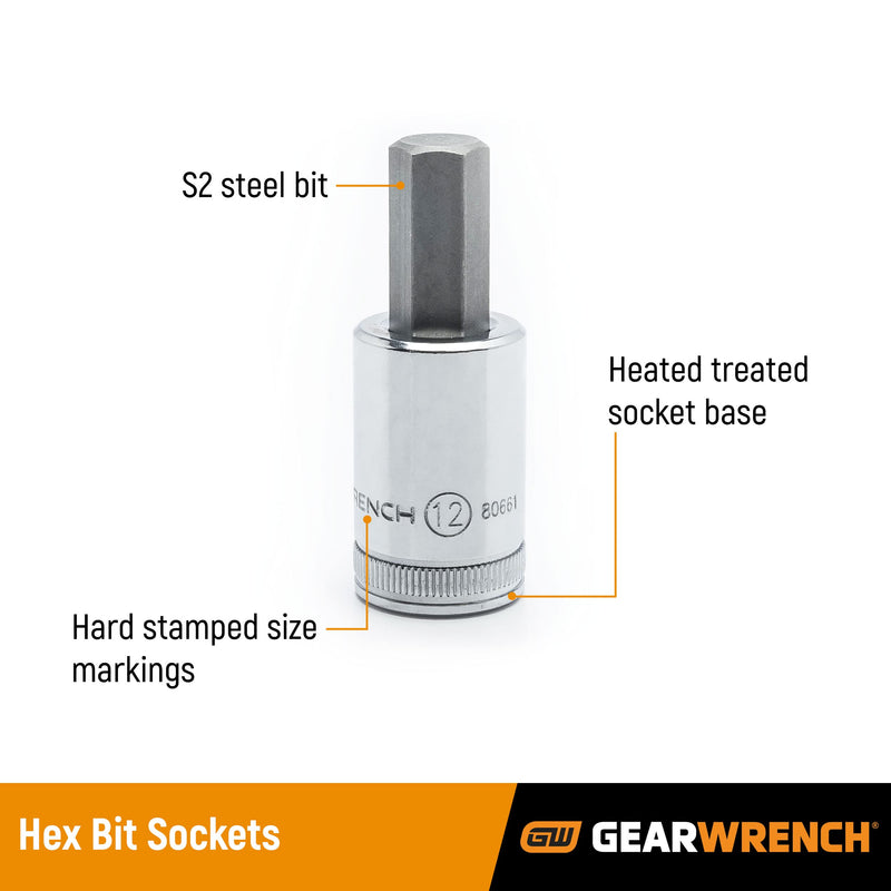 GEARWRENCH 12 Pc. 3/8" Drive Hex Bit Socket Set, Metric - 80580 3/8" 12-piece kit