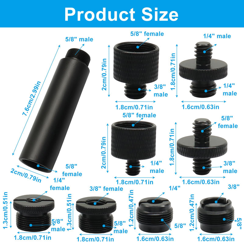 13 Pcs Black 8 Types Mic Stand Adapter Set | with Extension Tube, Thread Converter Screw Adapter，3/8 to 5/8 and 1/4 ，for Mic Boom Arm Camera Tripod Light