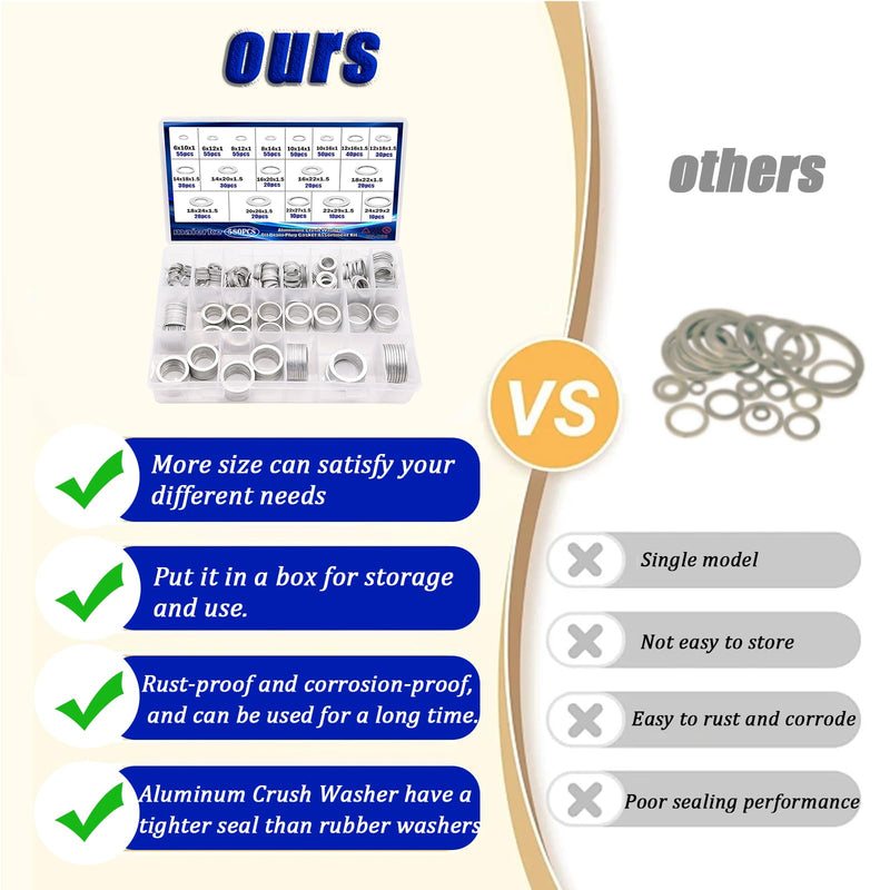 580PCS Crush Washer Oil Drain Plug,18 Sizes Aluminum Oil Drain Plug Gasket Assortment,Automotive Engine Crush Washers (M6 M8 M10 M12 M14 M16 M18 M20 M22 M24) 580PCS (M6-M24)