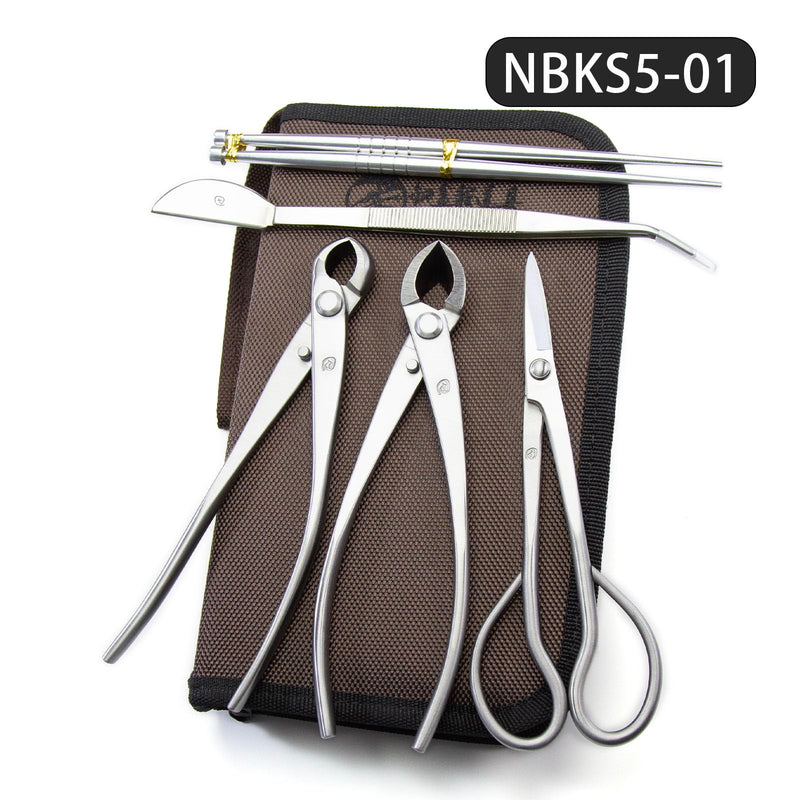 Small Size TianBonsai Bonsai Tools 5-Piece Alloy Steel Bonsai tool Kit In Cluding 180mm Long Handle Scissors / 180mm Branch Cutter / 180mm Knob Cutter / 200mm Straight Root Hook/Tweezers (NBKS5-01)