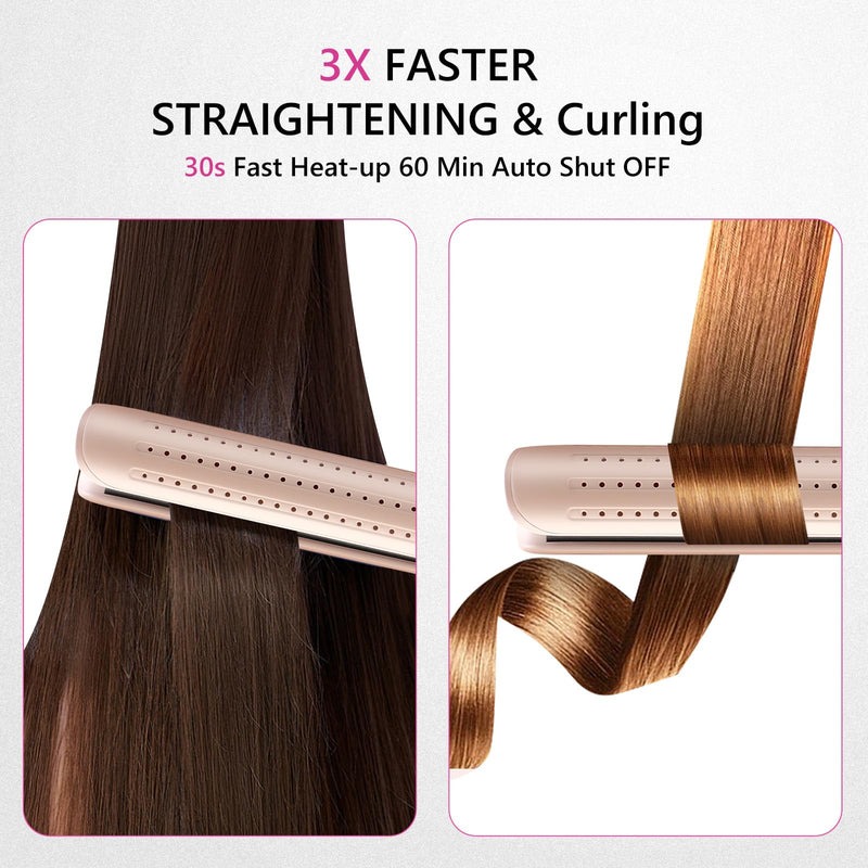 2-in-1 Hair Straightener and Curler Airflow Cool-Air Function, Pink | Cold Air Anti-Scald Dual Voltage Negative Ion Extended Ceramic 3D Floating Plates Blush