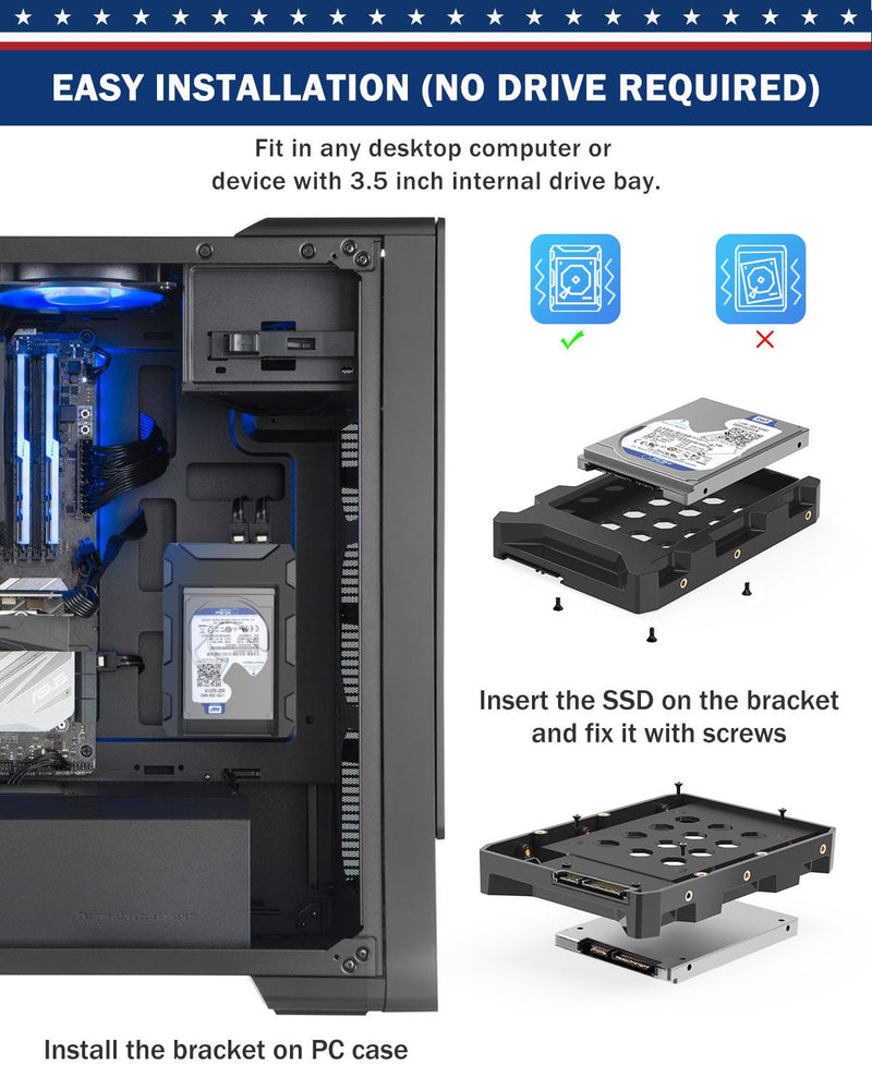 2 Pack 2.5 SSD SATA to 3.5 Hard Disk Drive HDD Adapter Mounting Bracket Kit SSD Caddy Tray Cage Internal Hard Drive Bay Holder Converter for 2.5‘’ HDD SSD with SATA 3.0 Interface with Bag 2 Pack With 1 Storage Bag