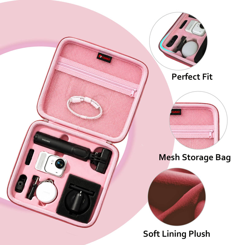 XANAD Hard Case for Insta360 GO Ultra/GO 3S/GO 3 Action 4K Vlog Camera,Pink | Carrying Cases for Insta360 GO Ultra/GO 3S /GO 3 Action Vlogging 4k Cameras Accessories with Rubber Hand Strap-Travel Partner Pink